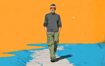 A man with gray hair and a beard walks on a stone path surrounded by blue and orange ground, with birds flying in the background under a clear sky.