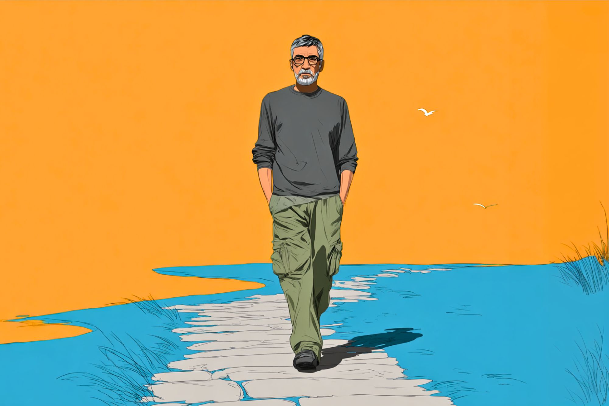 A man with gray hair and a beard walks on a stone path surrounded by blue and orange ground, with birds flying in the background under a clear sky.