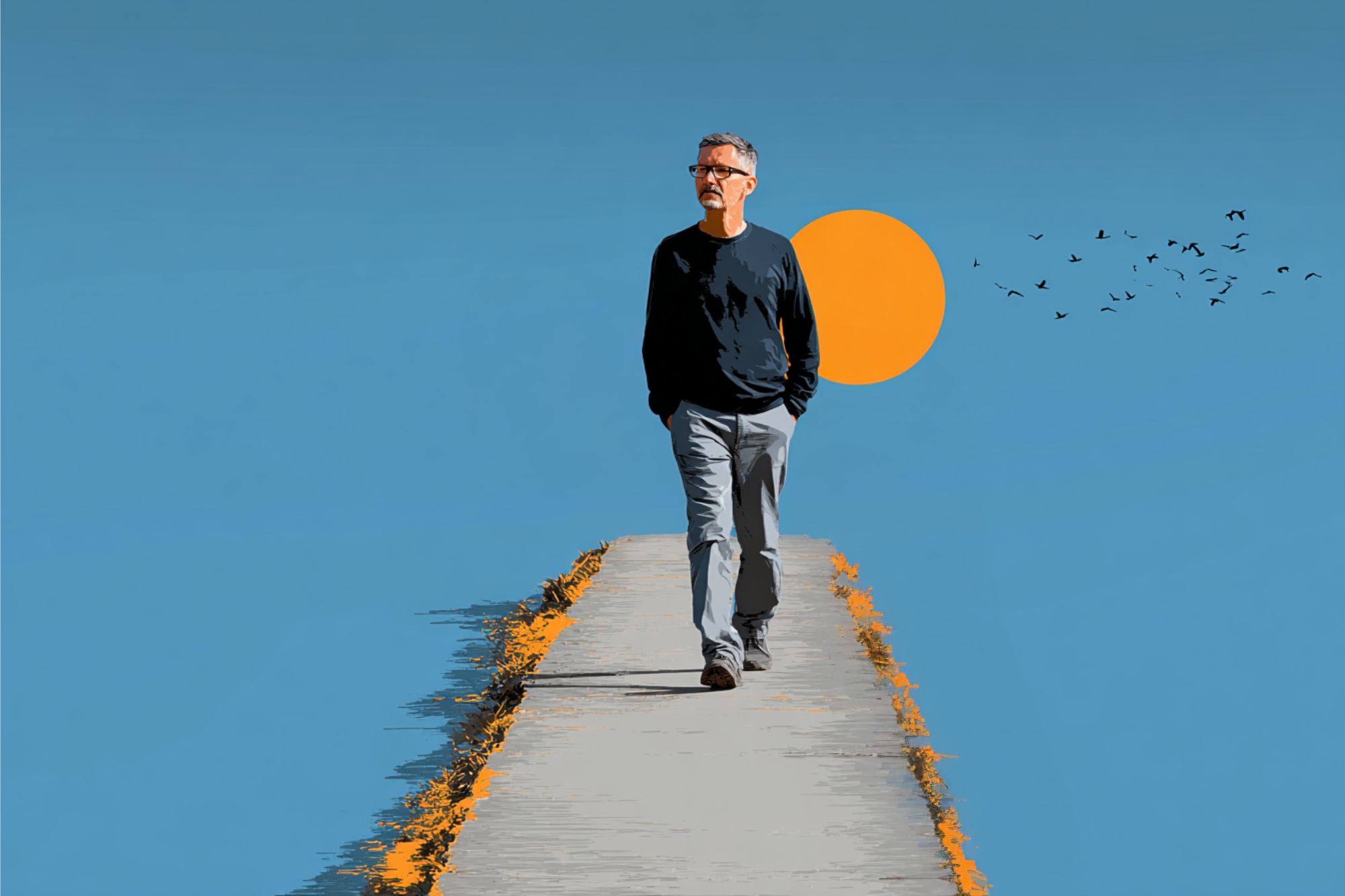 A man with glasses walks alone on a narrow path under a clear blue sky, with an orange sun and a flock of birds in the background.