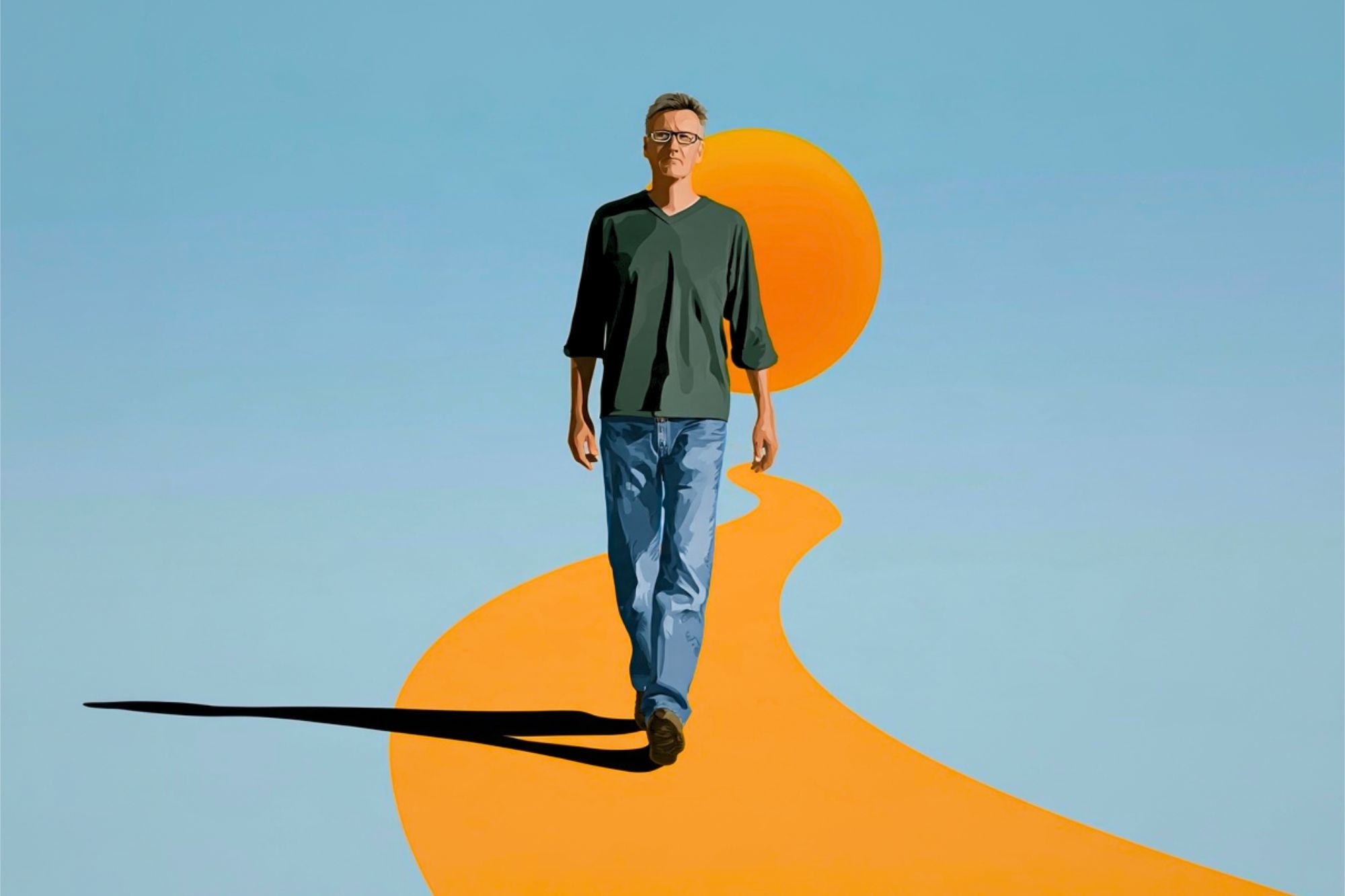 A man in a green shirt and jeans walks toward the viewer on a golden path leading from a large orange sun.