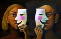 Two people hold smiling masks in front of their faces, partially concealing their true expressions. The background is dark, highlighting the contrast between the masks and their real faces. The art style is painterly and expressive.