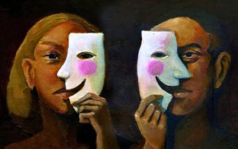 Two people hold smiling masks in front of their faces, partially concealing their true expressions. The background is dark, highlighting the contrast between the masks and their real faces. The art style is painterly and expressive.