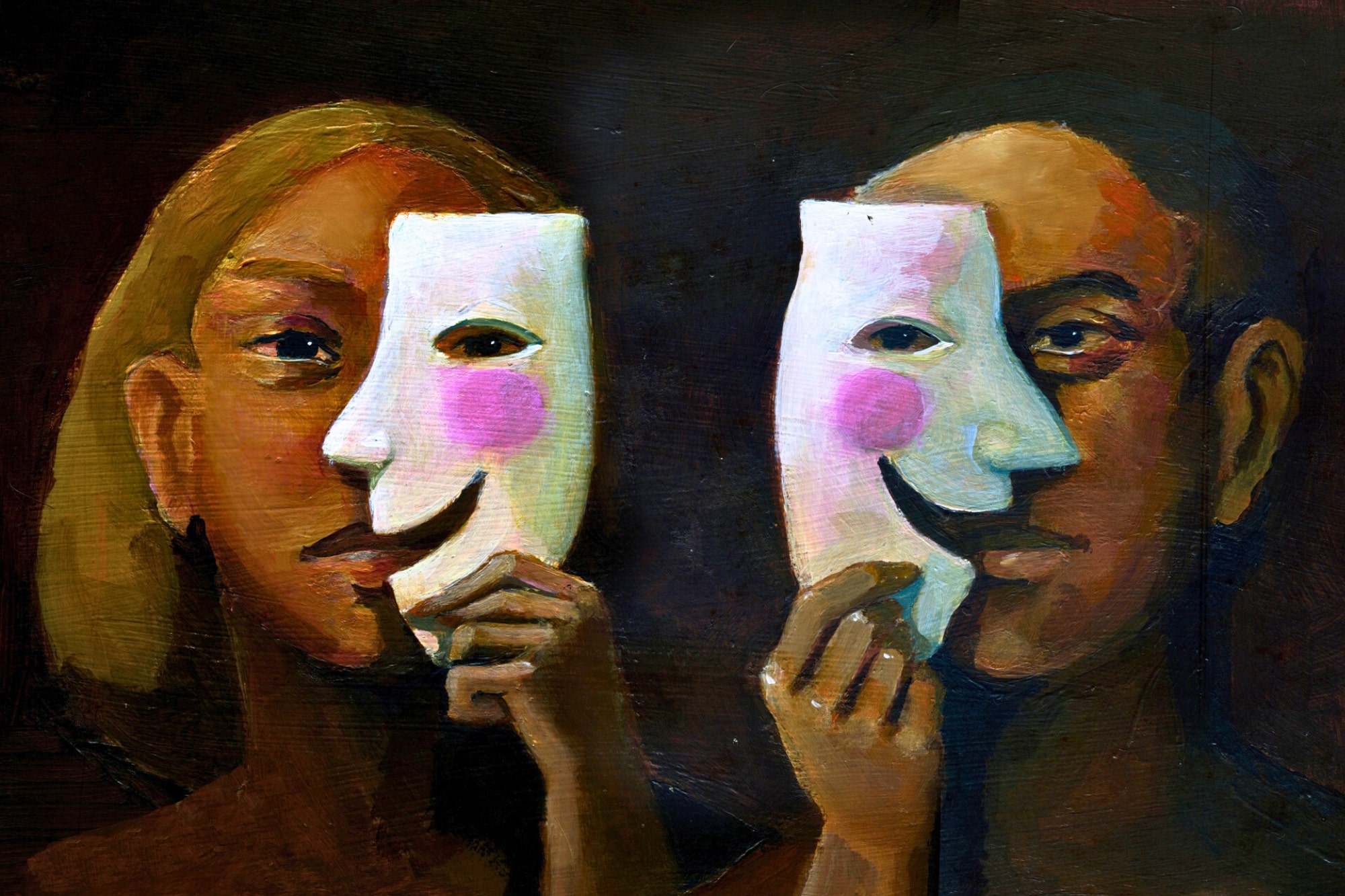 Two people hold smiling masks in front of their faces, partially concealing their true expressions. The background is dark, highlighting the contrast between the masks and their real faces. The art style is painterly and expressive.