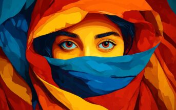 A colorful digital painting of a person with striking eyes, partially covered by layered, flowing fabrics in vibrant shades of red, orange, yellow, and blue, leaving only the eyes and eyebrows visible.