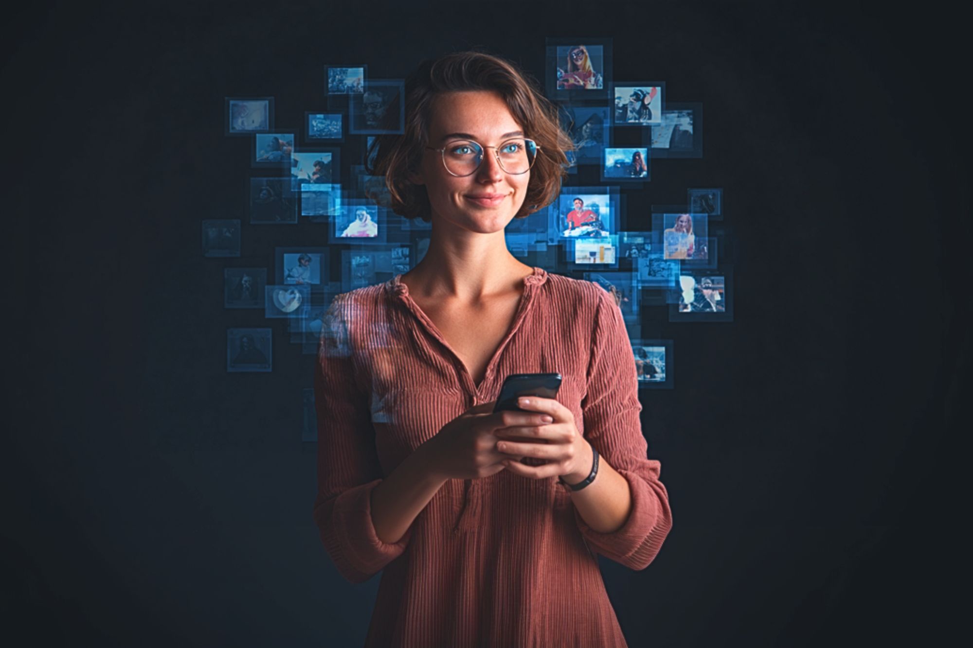 A woman with glasses and a short brown bob smiles while holding a smartphone. Behind her, floating digital photo thumbnails form a semi-circle, suggesting she is browsing or interacting with media.