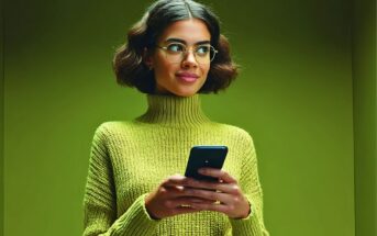 A young woman wearing glasses and a green turtleneck sweater smiles while holding a smartphone, standing against a solid green background.