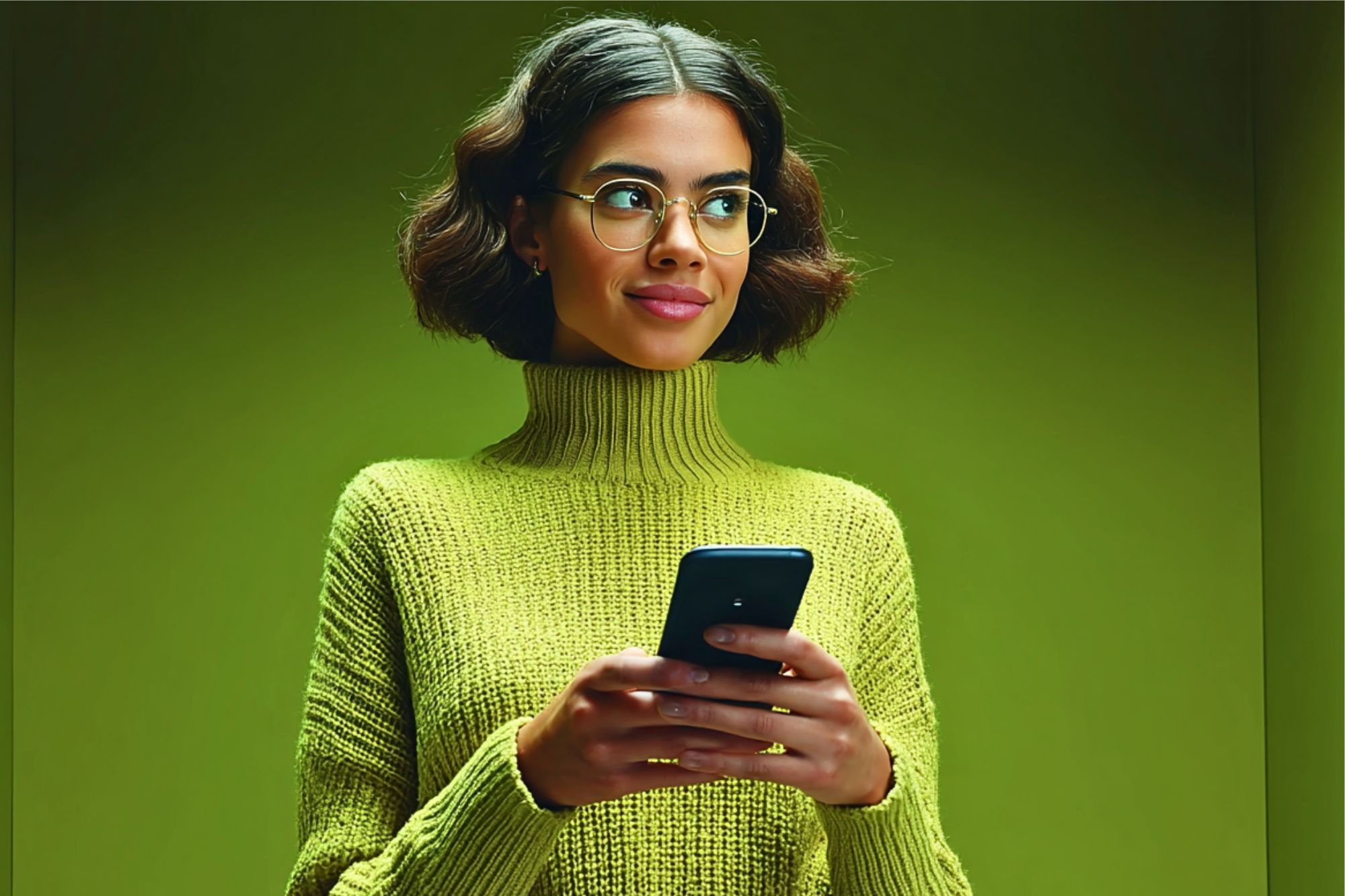 A young woman wearing glasses and a green turtleneck sweater smiles while holding a smartphone, standing against a solid green background.