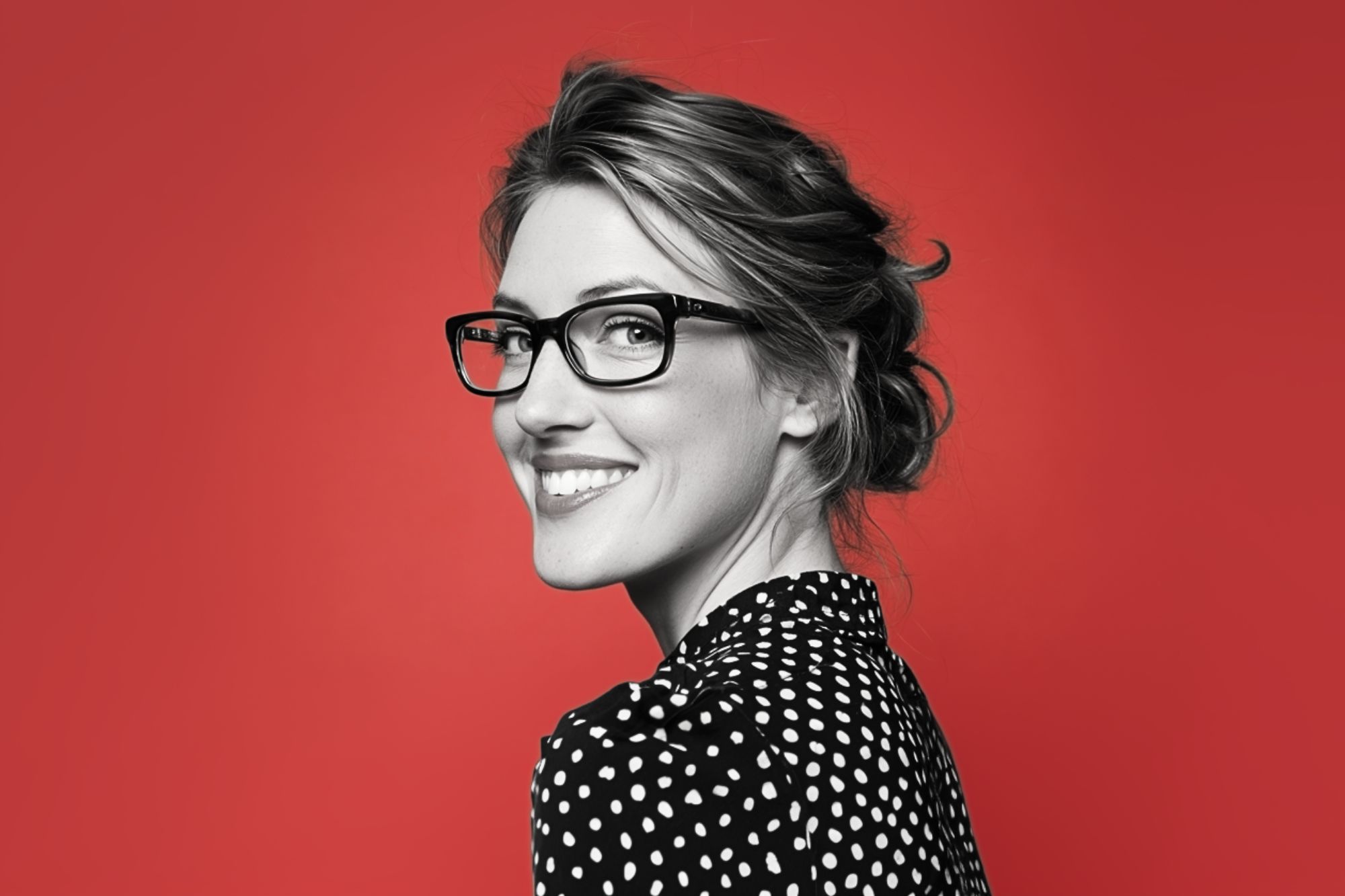 A smiling woman with glasses and a black-and-white polka dot blouse looks over her shoulder against a solid red background.