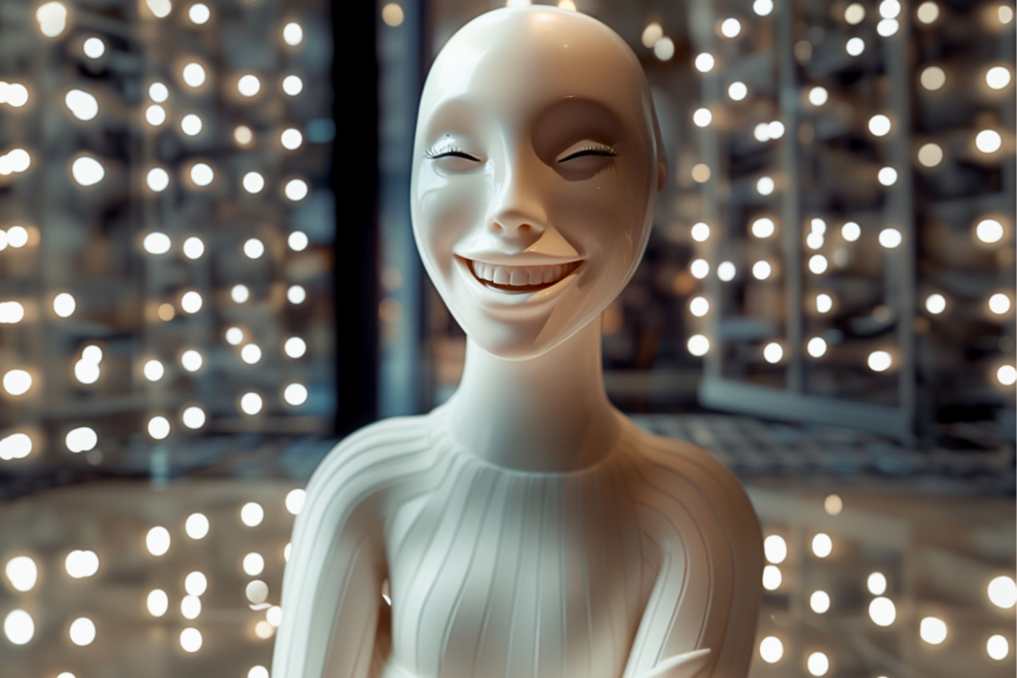 A smooth, white, humanoid mannequin with a wide smile stands in front of a backdrop of numerous small, glowing lights, creating a futuristic and surreal atmosphere.