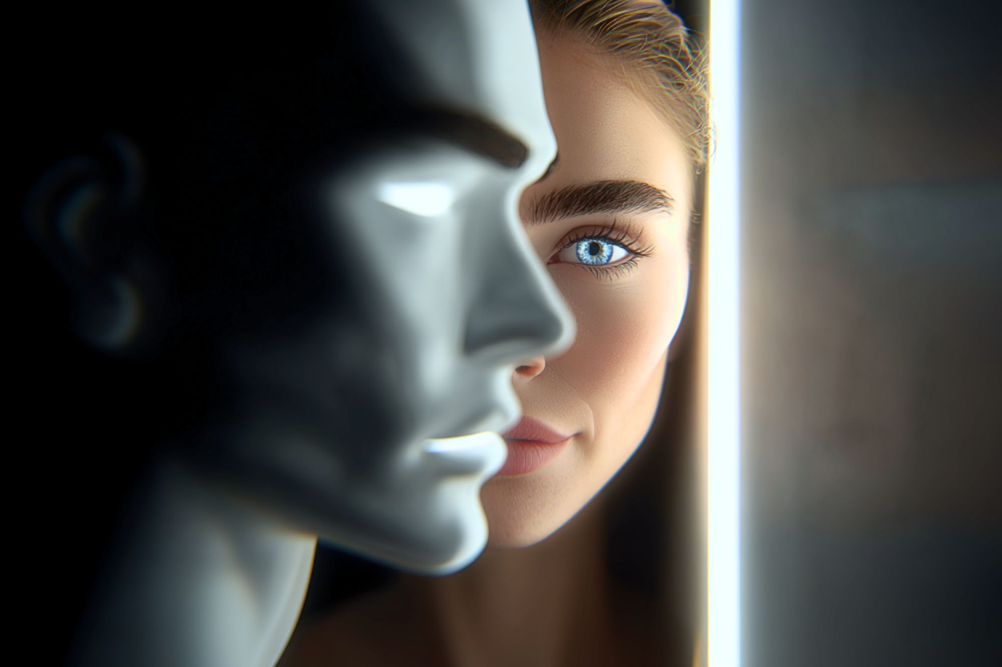 A woman with blue eyes and bold eyebrows looks through a narrow gap beside a white mannequin face, illuminated by a vertical strip of light. Only half of her face is visible behind the mannequin's profile.