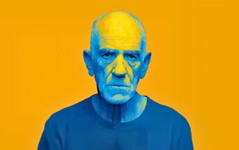 A digital painting of an elderly man with a serious expression, depicted in blue tones against a bright yellow background. He is bald and wearing a simple blue shirt.