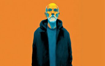 A digital illustration of an older man with a white beard, wearing a dark hoodie and looking upward, set against a solid bright orange background. The artwork uses bold blue and yellow tones for contrast.