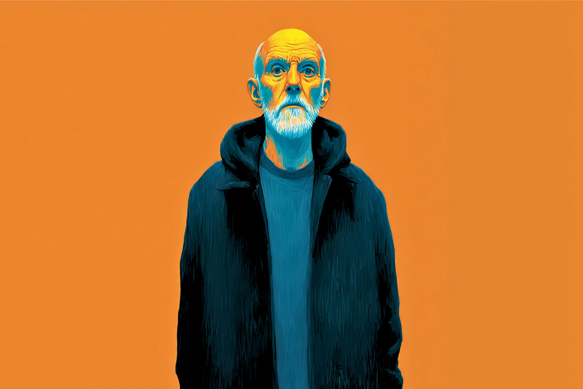 A digital illustration of an older man with a white beard, wearing a dark hoodie and looking upward, set against a solid bright orange background. The artwork uses bold blue and yellow tones for contrast.