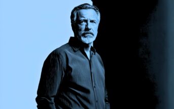 Portrait of a middle-aged man with a beard, rendered in a blue and black duotone illustration style.