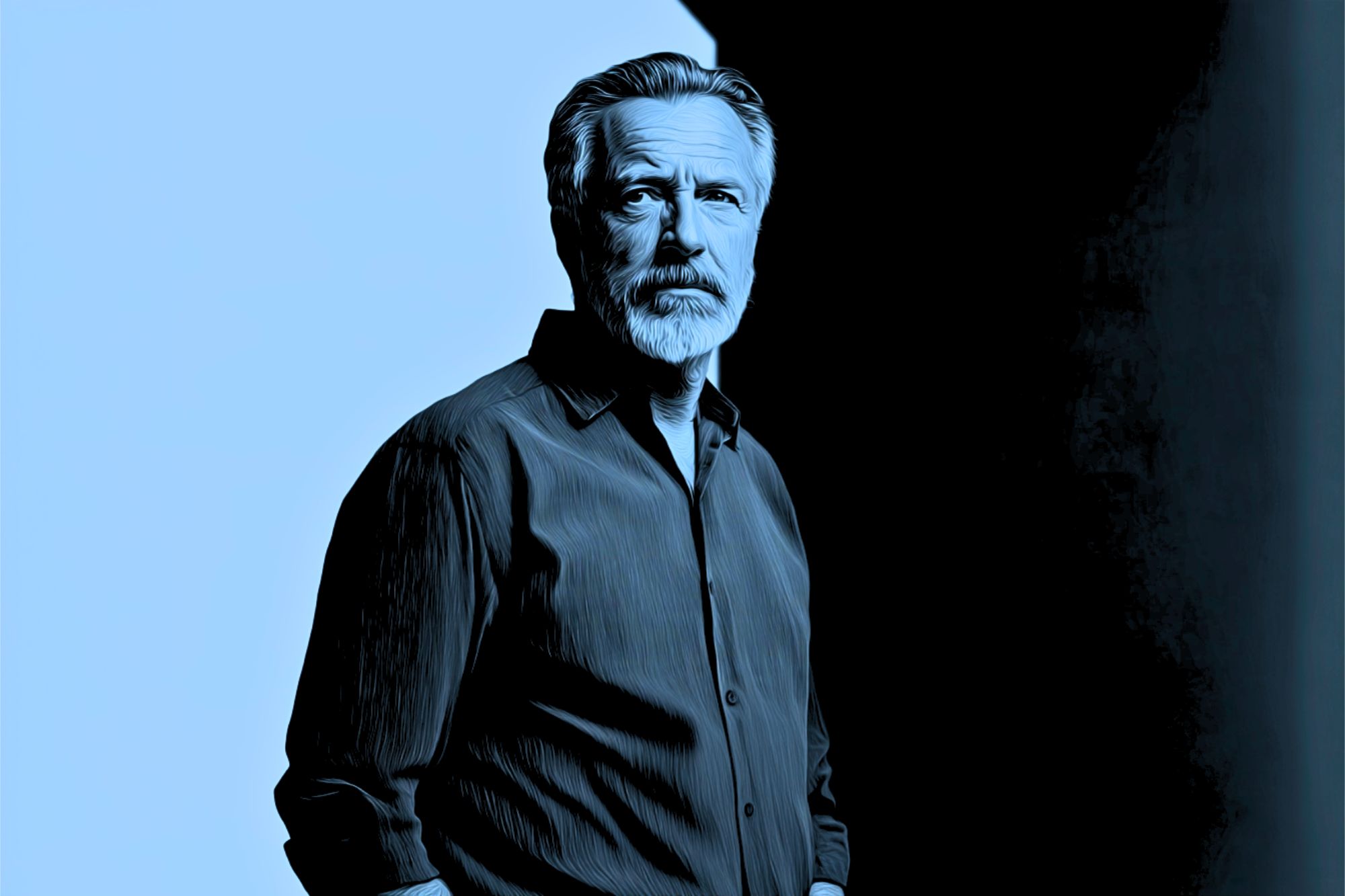 Portrait of a middle-aged man with a beard, rendered in a blue and black duotone illustration style.