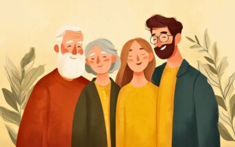 An illustrated family portrait of four people—an older man, an older woman, a younger woman, and a younger man—smiling together, wearing warm-toned clothing, with leafy plants in the background.