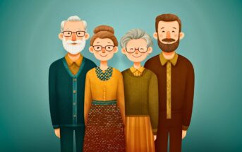 A digital illustration of four adults standing side by side, smiling. Two older people with gray hair and glasses are in the middle, flanked by a man with a beard and a woman with a bun. All are wearing sweaters and glasses.