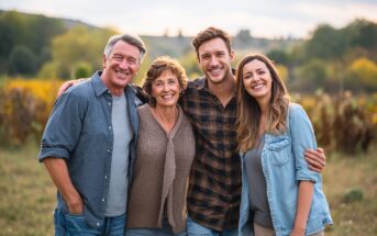 Four people, two older adults and two younger adults, stand closely together outdoors, smiling at the camera with arms around each other. The background shows greenery and blurred trees, suggesting a countryside setting.