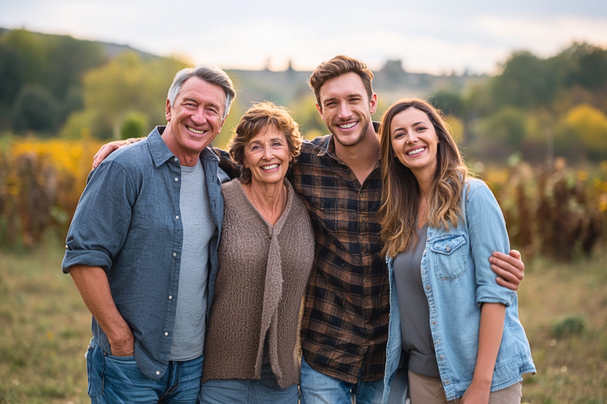 Four people, two older adults and two younger adults, stand closely together outdoors, smiling at the camera with arms around each other. The background shows greenery and blurred trees, suggesting a countryside setting.