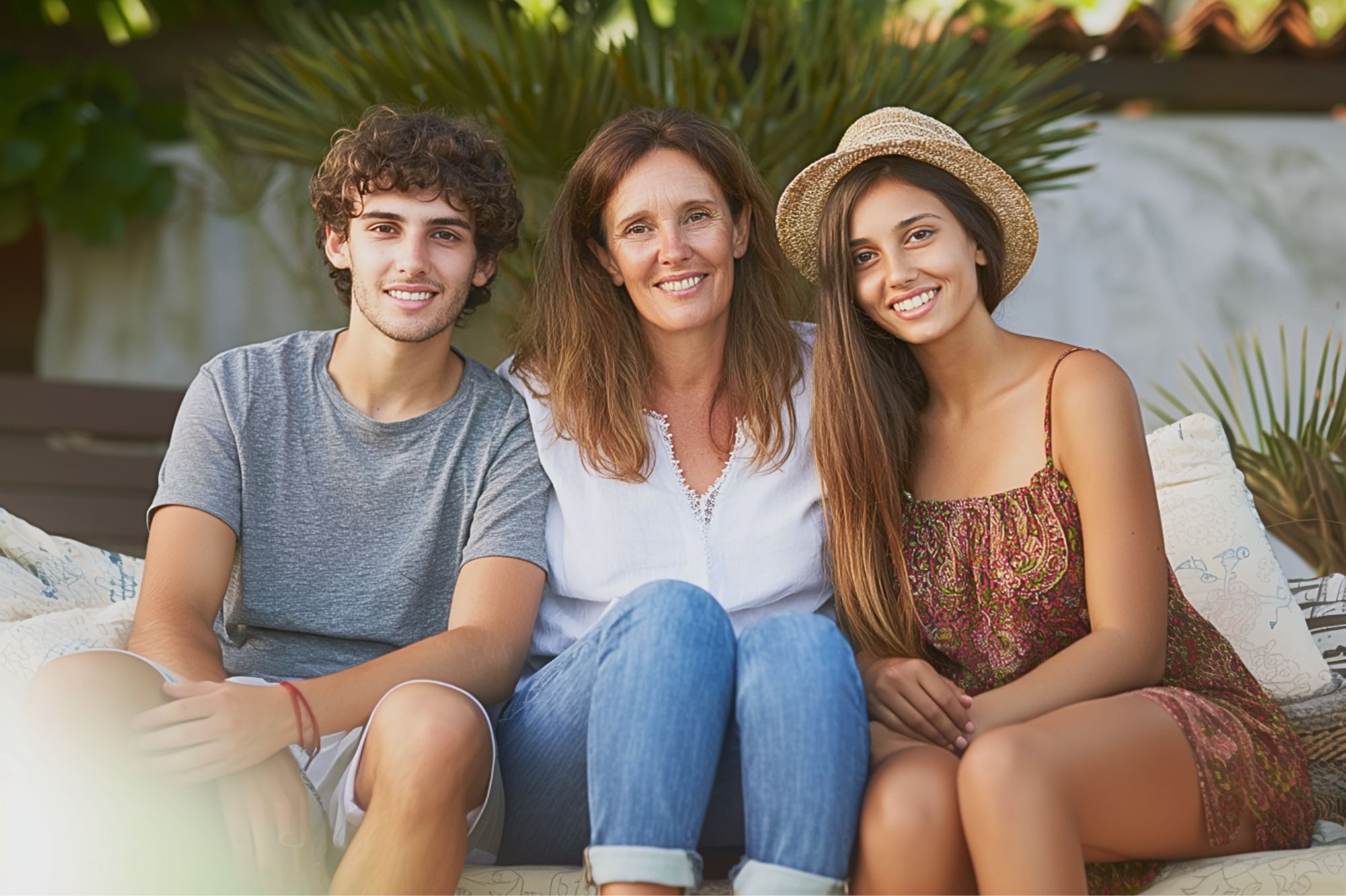 A woman sits outdoors on a bench between a young man and a young woman. All three are smiling at the camera. The young woman wears a sunhat, and greenery is visible in the background.