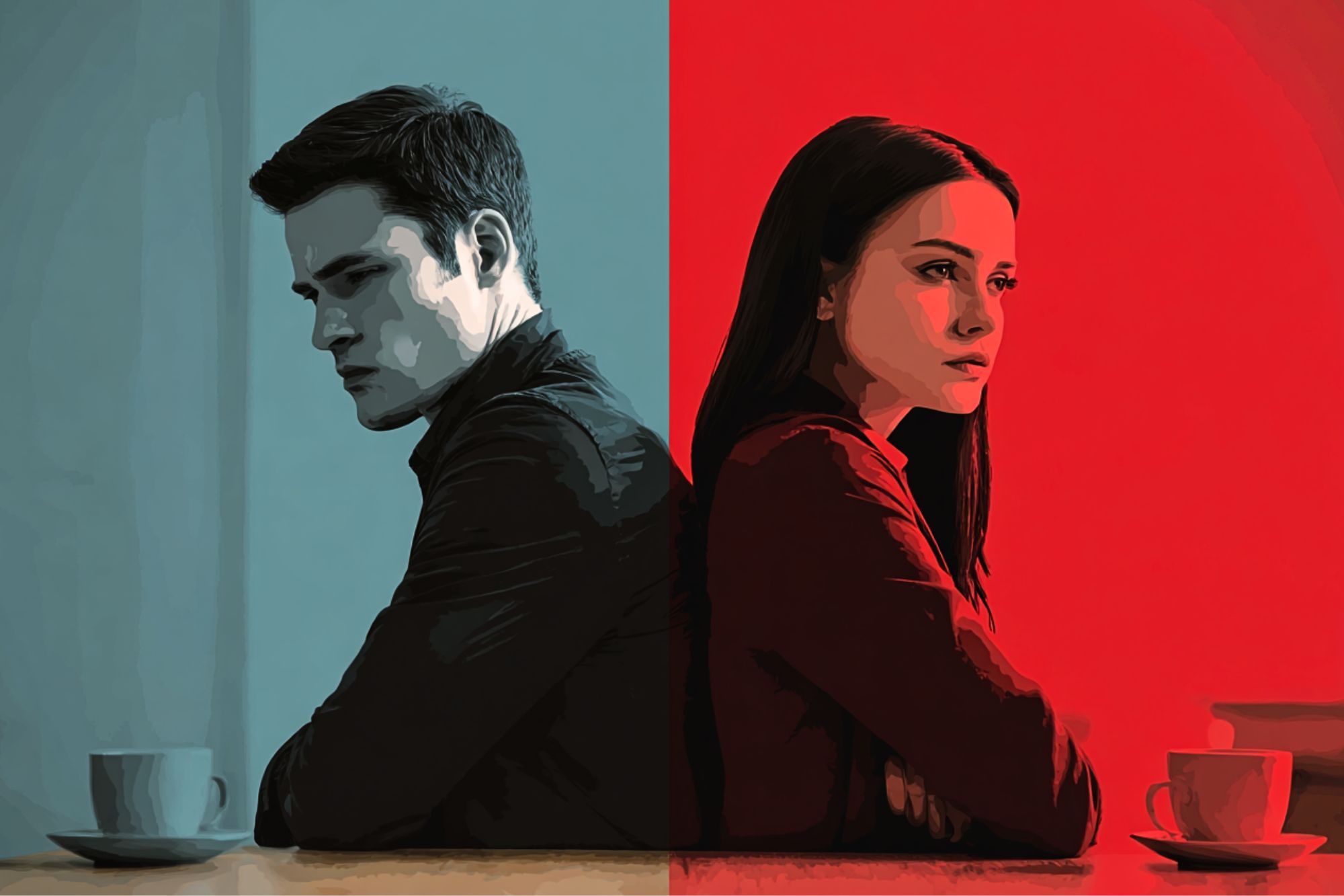 An illustration of a man and woman sitting back to back at a table, each facing opposite directions. The left side is tinted blue with the man, and the right side is red with the woman. Both appear serious and distant.