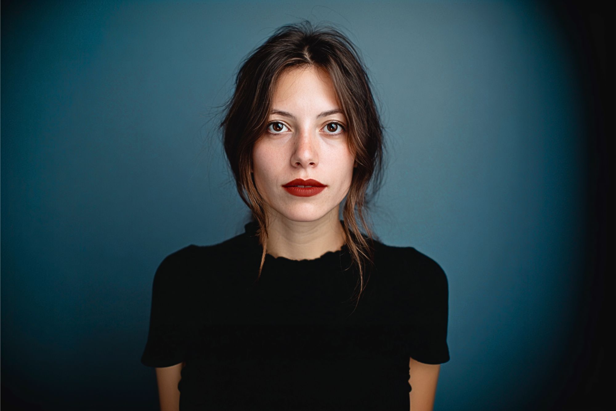 A young woman with long brown hair, red lipstick, and a black top stands against a gradient dark blue background, looking directly at the camera with a neutral expression.