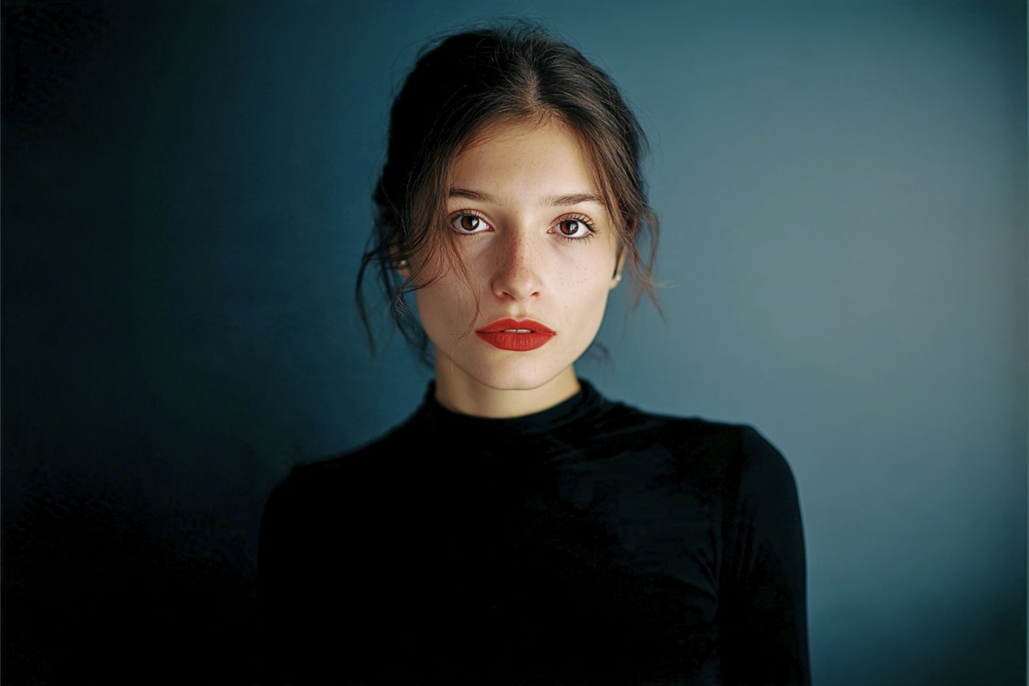 A young woman with light skin, red lipstick, and dark hair pulled back, wearing a black turtleneck, stands against a dark, softly lit blue background, gazing directly at the camera with a neutral expression.