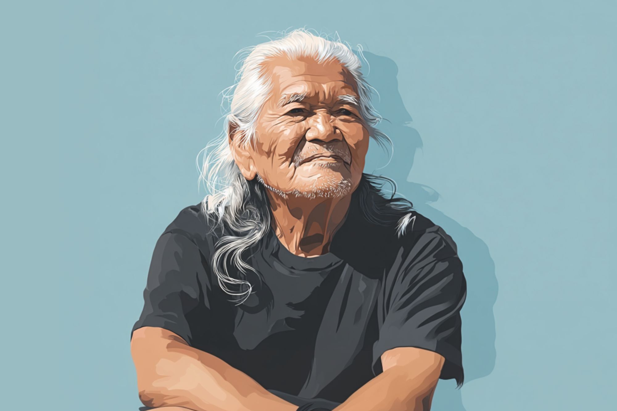 Digital illustration of an elderly person with long white hair and a black t-shirt, smiling while sitting with arms crossed against a plain light blue background.