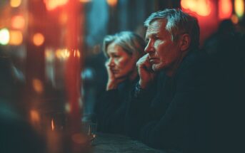 An older man and woman sit side by side at a dimly lit bar, gazing thoughtfully into the distance. Warm, blurry lights surround them, creating a reflective, moody atmosphere.