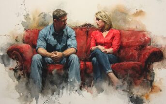 A man and woman sit on a red couch, facing each other with serious expressions. Both wear casual clothes. The watercolor-style painting uses soft edges and muted tones, creating an emotional, contemplative atmosphere.