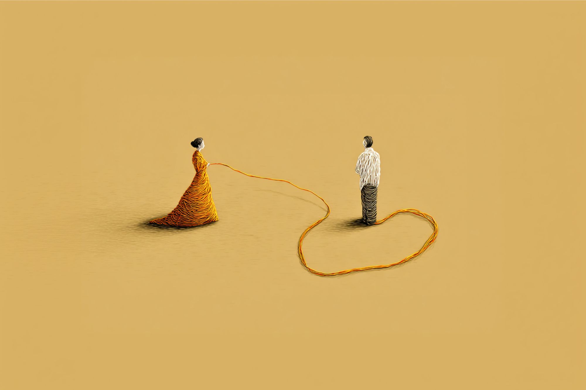 An illustration of a woman and a man facing each other, connected by a long orange thread that wraps around both of their bodies, set against a plain beige background.