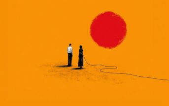 Two people stand on an orange background facing a large red sun. A black cord lies between them, stretching off the edge of the image. The scene is minimalist and surreal.