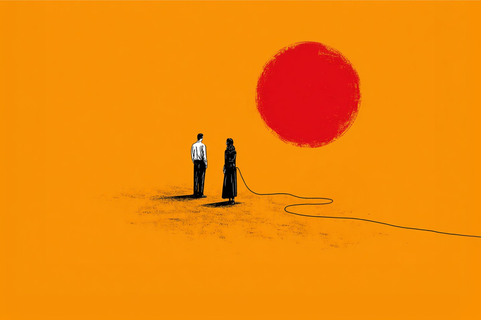 Two people stand on an orange background facing a large red sun. A black cord lies between them, stretching off the edge of the image. The scene is minimalist and surreal.
