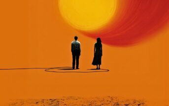 Two people stand on orange ground under a large, painted yellow and red sun. A dark line loops behind them, casting shadows. The scene is minimalist and surreal, with bold, warm colors dominating the image.