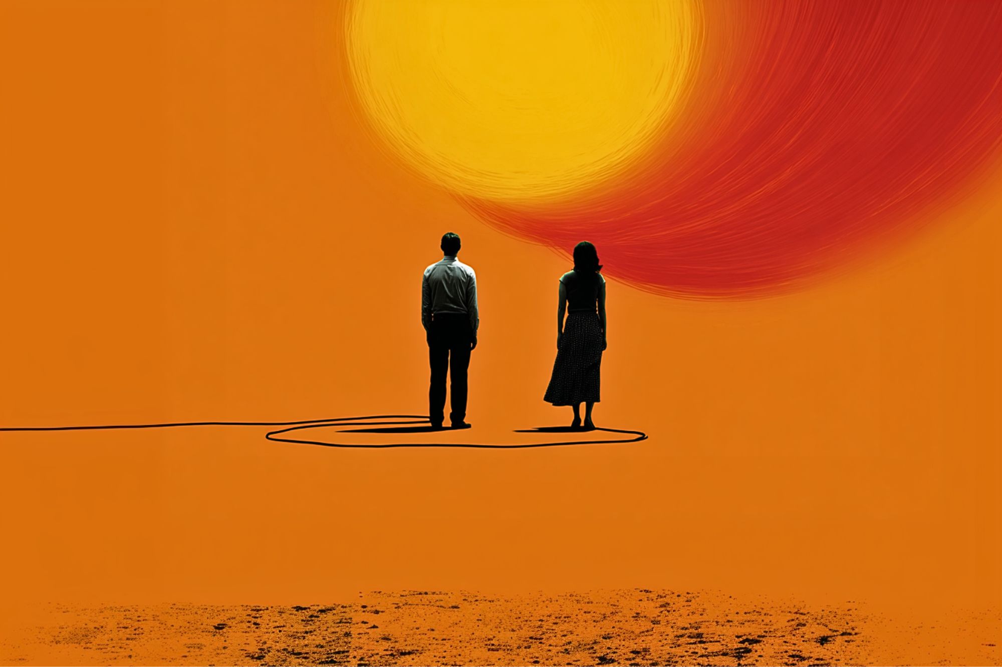 Two people stand on orange ground under a large, painted yellow and red sun. A dark line loops behind them, casting shadows. The scene is minimalist and surreal, with bold, warm colors dominating the image.