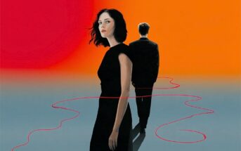 A woman in a black dress looks back over her shoulder, while a man in a black suit walks away, both connected by a thin red line against a gradient orange and blue background.