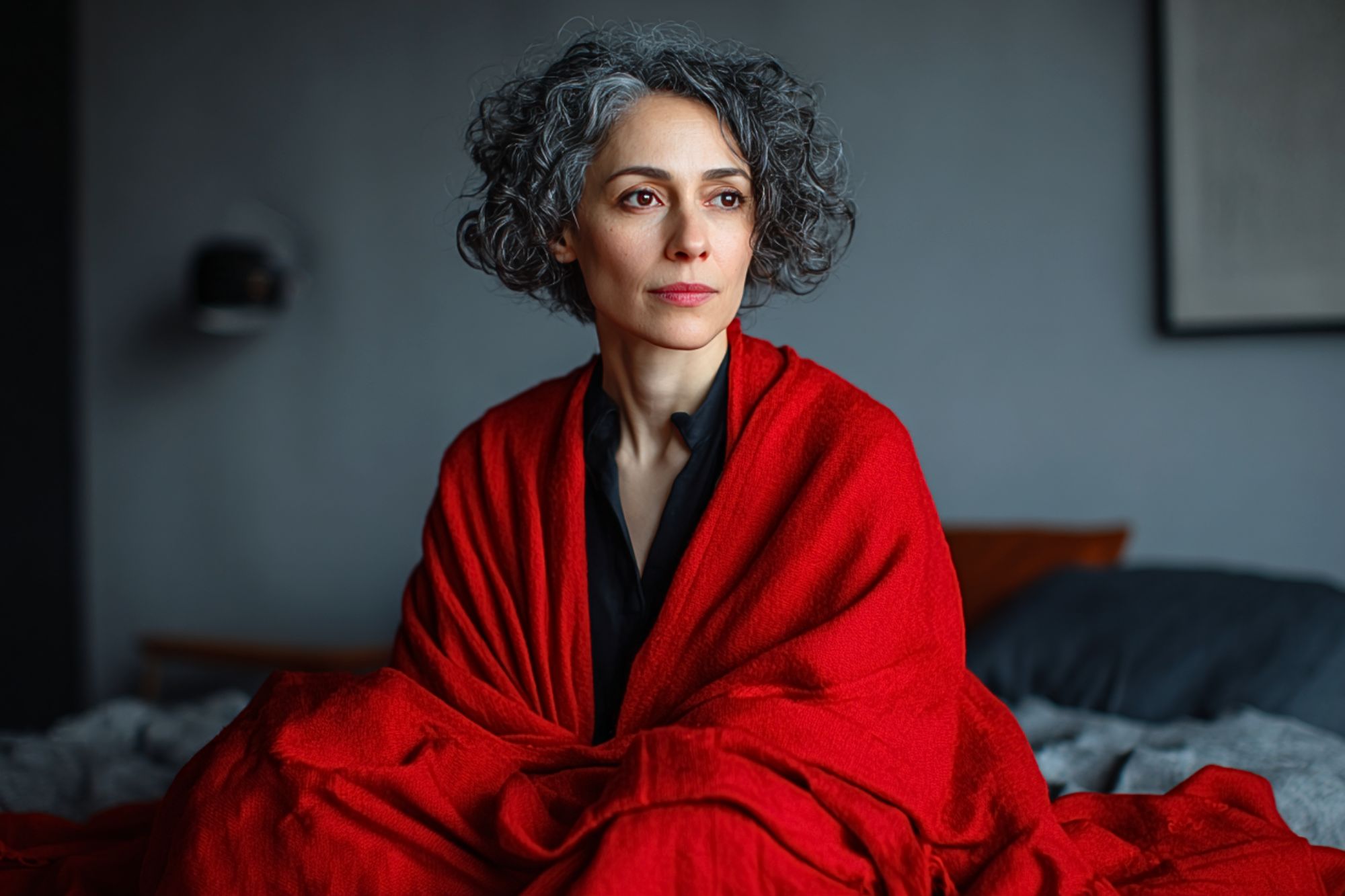 A woman with curly gray hair sits on a bed, wrapped in a bright red blanket, looking thoughtfully into the distance. The background is softly blurred in neutral tones.