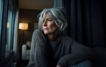 A woman with short gray hair and a thoughtful expression sits by a window, wearing a cozy gray sweater. Soft indoor lighting creates a warm, relaxed atmosphere with a floor lamp glowing in the background.