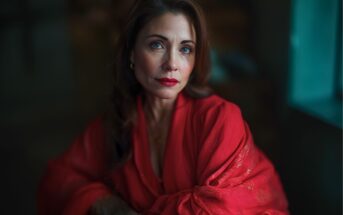 A woman with long brown hair and blue eyes wears a red shawl, gazing directly at the camera with a calm, serious expression. The background is softly blurred, highlighting her face and vibrant clothing.