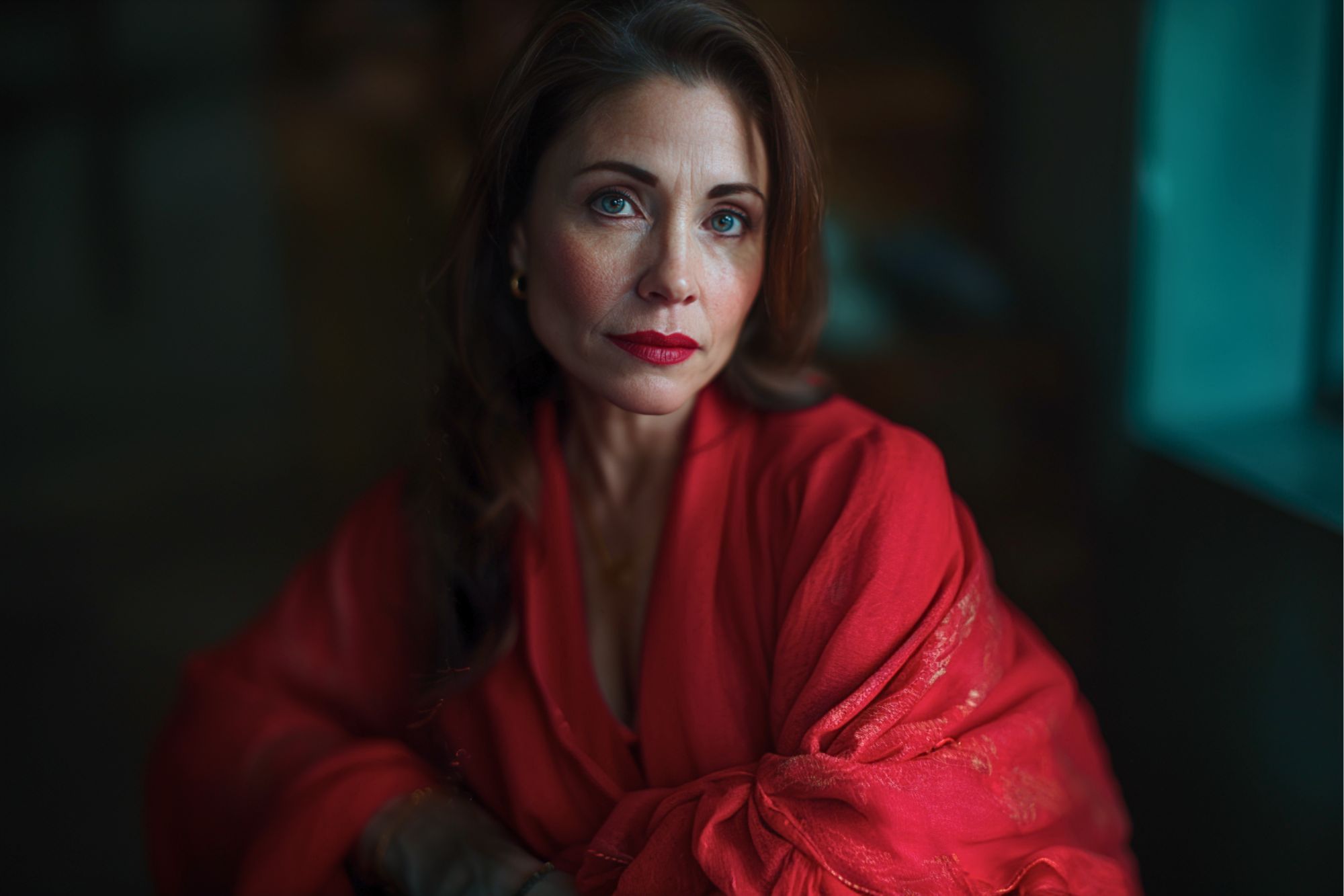 A woman with long brown hair and blue eyes wears a red shawl, gazing directly at the camera with a calm, serious expression. The background is softly blurred, highlighting her face and vibrant clothing.