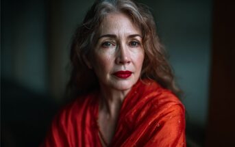 A woman with long wavy gray hair and red lipstick gazes at the camera. She is wearing a vibrant red shawl, and the background is softly blurred, highlighting her thoughtful expression.
