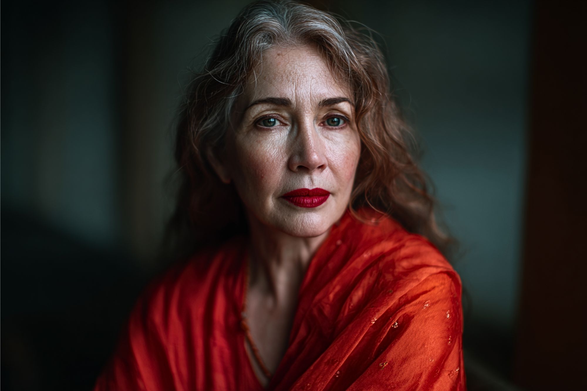 A woman with long wavy gray hair and red lipstick gazes at the camera. She is wearing a vibrant red shawl, and the background is softly blurred, highlighting her thoughtful expression.