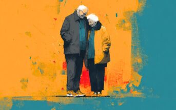 An elderly couple stands close together, heads touching, against a bright yellow and blue abstract background. Both wear coats and sneakers, conveying warmth and companionship.
