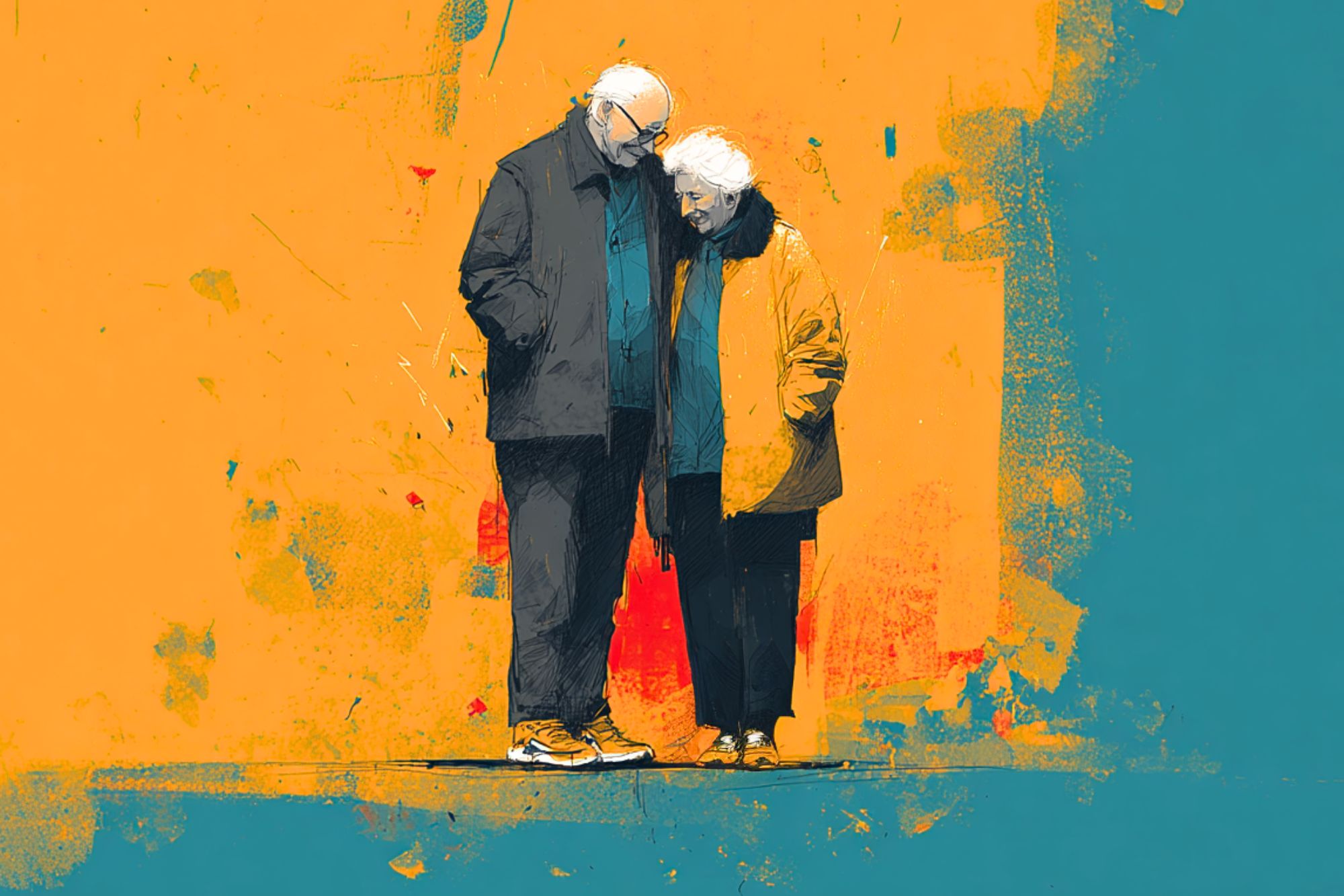 An elderly couple stands close together, heads touching, against a bright yellow and blue abstract background. Both wear coats and sneakers, conveying warmth and companionship.