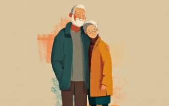 An illustration of an elderly couple standing close together, smiling. The man wears a green coat and gray pants, while the woman wears glasses, an orange coat, and a dark skirt. The background is a light beige color.
