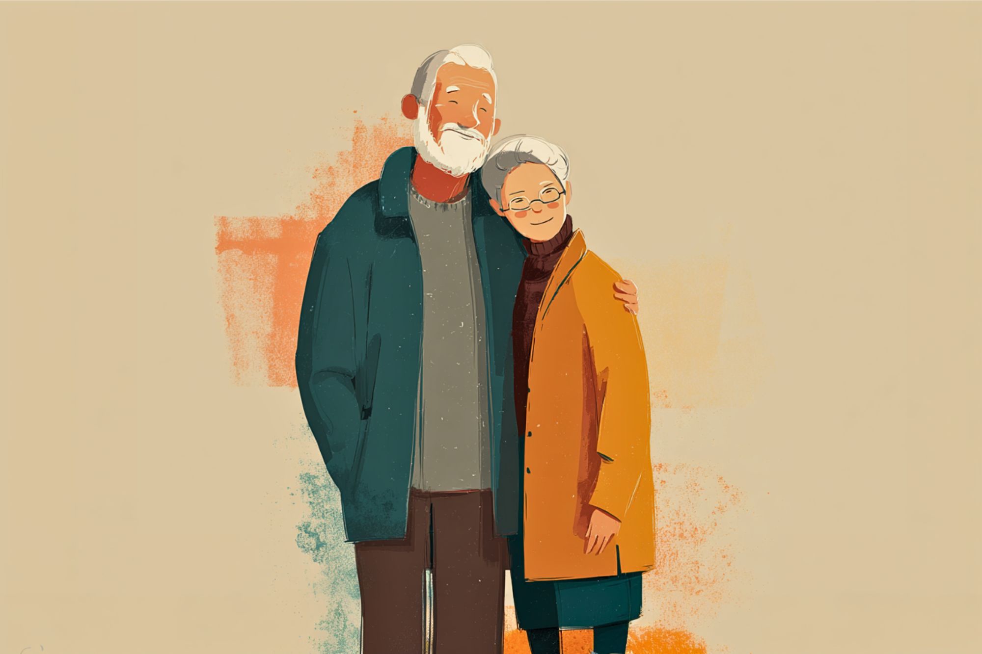 An illustration of an elderly couple standing close together, smiling. The man wears a green coat and gray pants, while the woman wears glasses, an orange coat, and a dark skirt. The background is a light beige color.