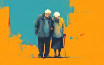 An elderly couple stands close together, one using a cane, against an abstract background of bright blue and orange colors.