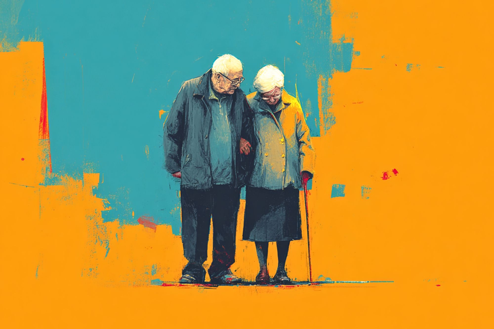 An elderly couple stands close together, one using a cane, against an abstract background of bright blue and orange colors.