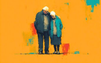 An elderly couple stands close together against a vibrant orange background, with the man’s arm around the woman’s shoulder.