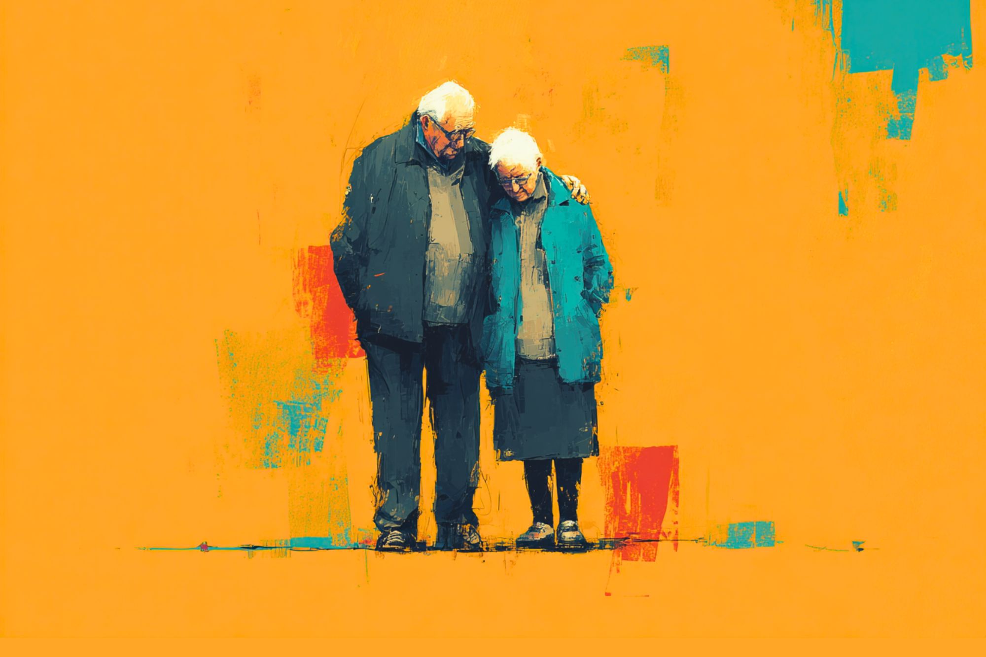 An elderly couple stands close together against a vibrant orange background, with the man’s arm around the woman’s shoulder.